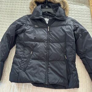 Women's Navy Puffer Jacket with Faux-Fur Trimmed Hood